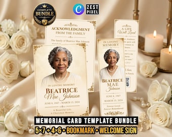 Cream Memorial Keepsake Bundle, Funeral Prayer Card, Celebration of Life Bookmark, Editable Canva