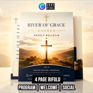 May include: A weekly church bulletin titled "River of Grace Church" with a cross and landscape design. The bulletin includes the text "4 PAGE BIFOLD" and the words "PROGRAM | WELCOME | SOCIAL". The design features a sunset and a cross.