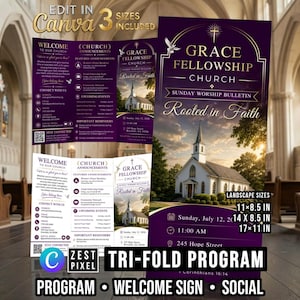 Puede incluir: Una plantilla de programa de iglesia tríptico en morado y blanco con el texto Grace Fellowship Church y Rooted in Faith. El diseño incluye un edificio de iglesia blanco, una paloma y detalles para el culto, disponible en 27,9x21,6, 35,6x21,6 y 43,2x27,9 cm.