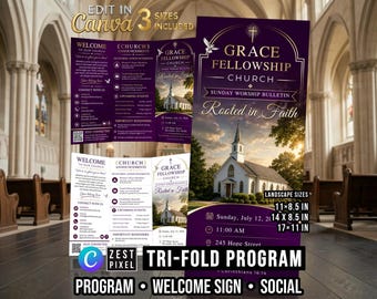 Purple Sunday Worship Bulletin, Church Trifold Program Template, Editable Canva Ministry Service Bundle