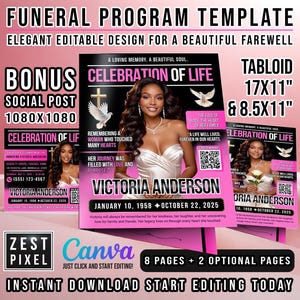 May include: A funeral program template with a pink and black design. The template includes the text "Celebration of Life" and the name "Victoria Anderson." It also features a photo of a woman and a dove.