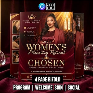 May include: A four-page bifold brochure for a 2026 Women's Ministry Retreat titled CHOSEN. The design features a deep red color palette, gold text, and an image of a person in a blazer. Text includes Grace Fellowship, Empowered by Faith, and Driven by Purpose.