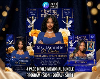 4 page Blue Memorial Program Template Canva, Funeral Bundle with Sign