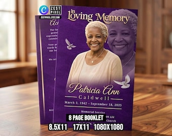 Purple Memorial Program Template, Editable Funeral Booklet Canva