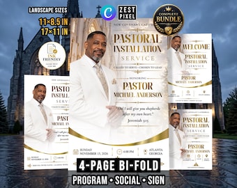 Church Program Template, White Gold Pastoral Installation, Editable Canva Bifold and Welcome Sign Bundle