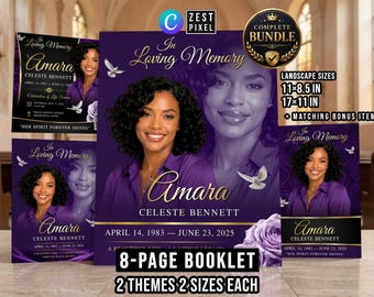 Purple Funeral Program Template, Elegant Memorial Booklet, Celebration of Life Canva Program