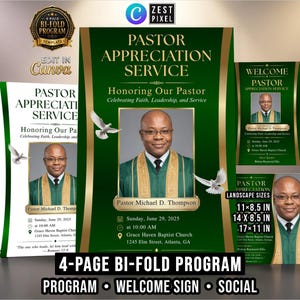 Pastor Appreciation Program Template, Green Gold Church Program, 4 Page Bifold Canva Bundle