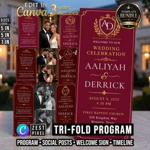 Może przedstawiać: Zestaw szablonów programu ślubnego w kolorze bordowym i złotym z tekstem Welcome to our Wedding Celebration, Aaliyah & Derrick, August 9, 2025, 4:30 PM, First Baptist Church, 200 Kingdom Way, Houston, Texas, oraz Edit in Canva 3 sizes included.