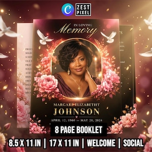 May include: A memorial booklet with a portrait of a woman surrounded by pink roses and doves. The booklet includes the text "In Loving Memory" and the name "Margaret Elizabeth Johnson" with dates. The booklet is 8.5 x 11 inches and 17 x 11 inches.