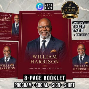 May include: A funeral program template bundle featuring a deep red background with gold text. The design includes a portrait of a man in a suit, the name William Harrison, dates of birth and death, and the text In Loving Memory and A Life Well Lived.