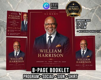 Red Obituary Program Template | 8 Page Memorial Booklet | Editable Canva Funeral Program Bundle