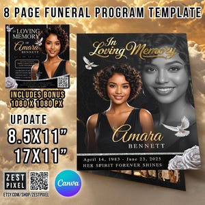8 Page Funeral Program Template | Black Gold Memorial Service Booklet | Celebration of Life Obituary Canva Template | Instant Download