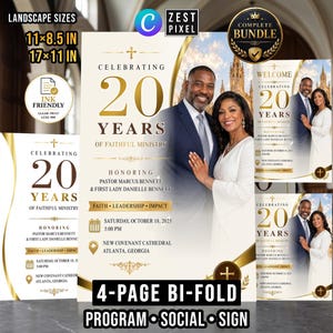 Puede incluir: Una plantilla de programa plegable de 4 páginas para un 20 aniversario de ministerio. El diseño presenta detalles en oro y blanco, una fotografía de una pareja y texto que detalla el evento para el Pastor Marcus y Danielle Bennett.