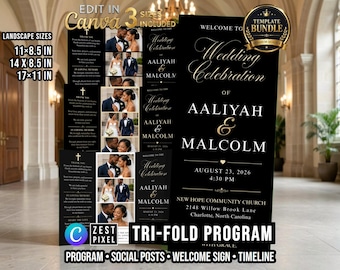 Elegant Wedding Program Template, Black Gold Tri Fold Ceremony Program, Canva Printable