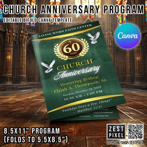 Church Anniversary Program: Editable Bifold Canva Template (8.5x11&quot; Folds to 5.5x8.5&quot;)