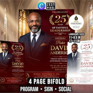 Puede incluir: Una plantilla de folleto digital para un 25 aniversario pastoral con el retrato de un hombre en traje. El diseño incluye texto como Celebrating 25 Years of Faithful Leadership, Honoring Pastor David Anderson y Sunday, September 20, 2026. Se indican los tamaños horizontales de 27,9x21,6 cm y 43,2x27,9 cm.