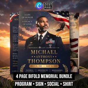 May include: A 4-page bifold memorial bundle featuring a portrait of Michael Anthony Thompson, with text including dates July 24, 1965 - May 14, 2025, and the phrases "A Life of Honor, A Legacy of Love." The bundle includes program, sign, social, and shirt options.