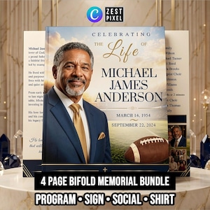 Puede incluir: Un programa conmemorativo plegado de 4 páginas con el retrato de un hombre con traje azul y corbata dorada. El texto dice Celebrating the Life of Michael James Anderson, 14 de marzo de 1954 al 22 de septiembre de 2024, con un gráfico de fútbol.