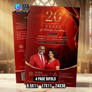 Può includere: Brochure bifacciale rossa e oro che celebra 20 anni di eccellenza ministeriale. La brochure presenta foto del vescovo Nathaniel Brooks e della First Lady Angela Brooks. Il testo include i dettagli dell'evento e il nome della chiesa.