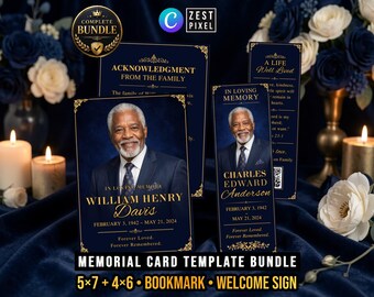 Navy Blue Celebration of Life Bundle, Funeral Prayer Card, Memorial Bookmark, Editable Canva Keepsake