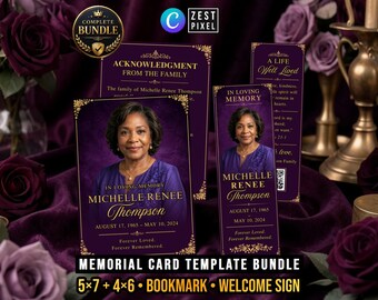 Purple Memorial Bookmark Bundle, Funeral Prayer Card, Celebration of Life Canva Printable Keepsake