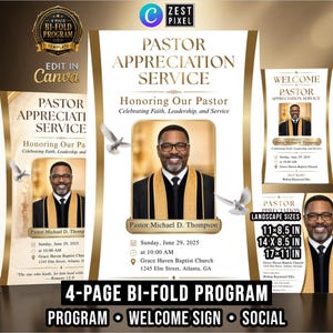 Pastor Appreciation Program, 4 Page Church Bulletin, Welcome Sign and Social Media Canva Template