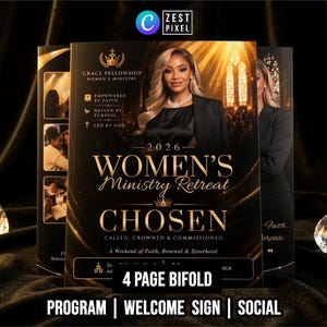 May include: A 4-page bifold brochure for a 2026 Women's Ministry Retreat titled Chosen. The black and gold design features a portrait of a person, church imagery, and text including Empowered by Faith, Driven by Purpose, Led by God, and Called, Crowned & Commissioned.