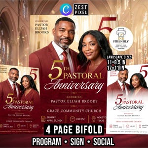 Programa de aniversario del pastor (Canva), boletín de celebración de la iglesia, paquete de recursos editables para el ministerio.