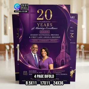 Peut inclure: Un dépliant 4 pages violet et or célébrant 20 ans d'excellence ministérielle. Le design comprend une croix, une illustration d'église et des portraits de l'évêque Nathaniel Brooks et de la Première Dame Angela Brooks. Disponible en formats 21.6x28, 43.2x28, et 61x91 cm.
