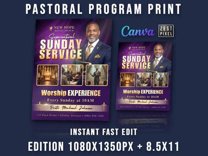 Editable Church Flyer Canva Template, Sunday Worship Service Bulletin 8 ...
