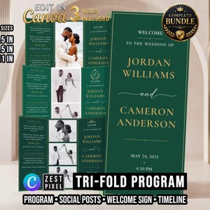 Peut inclure: Un programme de mariage à trois volets vert foncé avec du texte doré indiquant Welcome to the wedding of Jordan Williams and Cameron Anderson le 24 mai 2025 à 16h30. Le design inclut des formats paysage de 27,9x21,6, 35,6x21,6 et 43,2x27,9 cm.