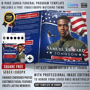以下が含まれることがあります： 愛国的なテーマの葬儀プログラムテンプレート。 軍服を着た男性の肖像画、アメリカ国旗、テキスト「Samuel Edward Johnson」が特徴です。 テンプレートは43 x 28 cm（折りたたんだ状態で21.6 x 28 cm）です。