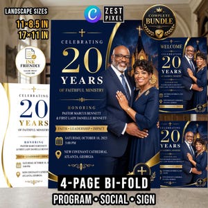 Peut inclure: Un ensemble de modèles de flyers numériques pour une célébration de 20 ans de ministère religieux. Le design présente un fond bleu foncé avec des accents dorés, une photo d'un couple et le texte Celebrating 20 Years of Faithful Ministry.