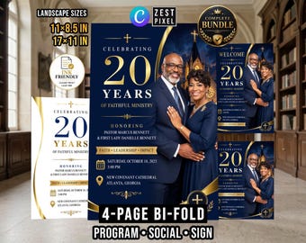 Pastoral Anniversary Program Template, Navy Blue Gold Church Canva Bundle, 4 Page Bifold