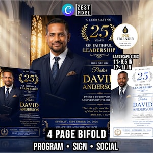 Può includere: Un modello di programma pieghevole a 4 pagine per un 25° anniversario pastorale. Il design presenta il ritratto di un pastore in abito, corone d'alloro dorate e testo che include Celebrating 25 Years of Faithful Leadership, Honoring Pastor David Anderson e Sunday, September 20, 2026. Disponibile in formati orizzontali da 27,9x21,6 cm e 43,2x27,9 cm.