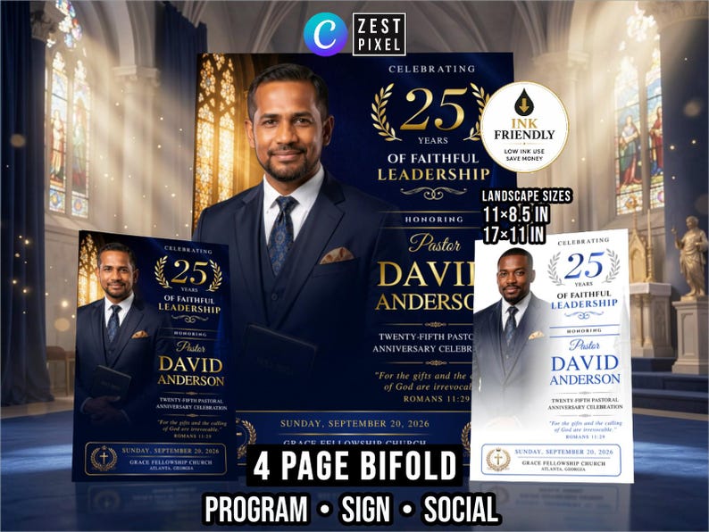 Navy blue and gold pastor anniversary program template featuring a formal portrait and 25 years of faithful leadership theme.