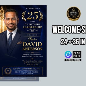 Gold accented church flyer template honoring faithful leadership with customizable Canva editing options.