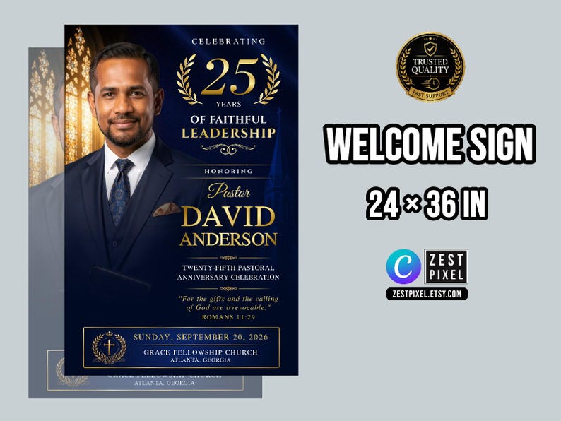 Gold accented church flyer template honoring faithful leadership with customizable Canva editing options.