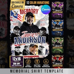 May include: A memorial shirt template featuring a portrait of James Anderson, with the text "In Loving Memory." The design includes an American flag, dates, and the text "12x16 inches" and "300 DPI High Resolution."