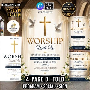 Puede incluir: Un conjunto de plantillas de programa de iglesia con una cruz dorada, palomas blancas y lirios sobre un fondo crema. El texto incluye Welcome to Worship With Us, River of Grace Church, Sunday Worship Service, 11 de junio de 2028 y Pastor Michael Anderson.