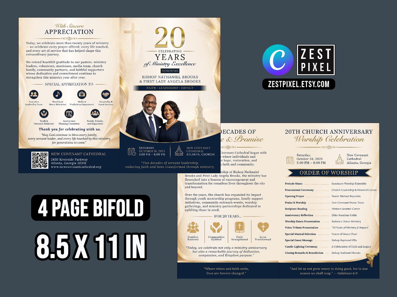 Pastor Anniversary Program Template Canva Editable Church Bifold ...