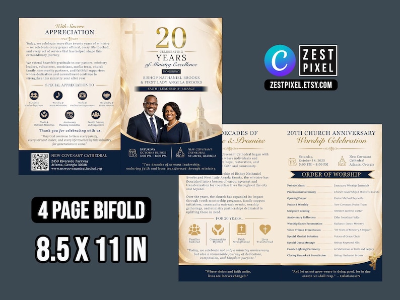 Pastor Anniversary Program Template Canva Editable Church Bifold ...