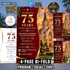 Peut inclure: Un ensemble de programme d'anniversaire d'église plié en deux de 4 pages avec un thème de couleur rouge profond et or. Le design présente une cathédrale au coucher du soleil, le texte Celebrating 75 Years of Faith, Service, Legacy.