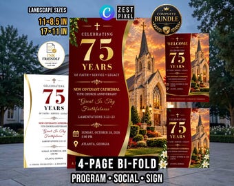 Red Church Anniversary Celebration Program, Editable Canva Bifold Template and Welcome Sign Bundle