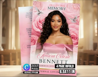 Pink Funeral Program Template Canva Editable, Celebration of Life Memorial Booklet 8.5x11 + Bonus Poster