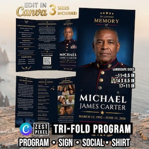 Può includere: Un modello di programma funebre a tre ante blu scuro con il ritratto di un militare in uniforme. Il testo include il nome Michael James Carter, le date, le informazioni sul servizio e i ringraziamenti. Disponibile in 27,9x21,6, 35,6x21,6 e 43,2x27,9 cm.
