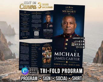 Trifold Funeral Program Template, Military Memorial Canva Editable Design