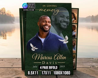 Emerald Green Funeral Program Canva Editable, Celebration of Life Service, 4 Page Printable