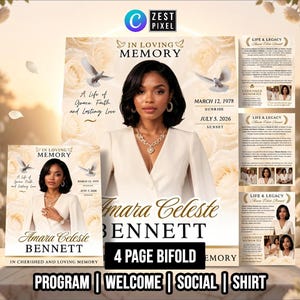May include: A funeral program bifold template featuring a portrait of a person in a white blazer, cream-colored roses, and flying doves. Text includes In Loving Memory, Amara Celeste Bennett, dates, and Life & Legacy sections on a light background.