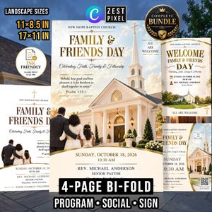Könnte beinhalten: Ein digitales Flyer-Set für den Family & Friends Day der New Hope Baptist Church mit einer weißen Kirche, einer dreiköpfigen Familie und Texten wie Psalm 133:1, Sonntag, 18. Oktober 2026, 10:30 Uhr und Rev. Michael Anderson. Enthält 28x22cm und 43x28cm Formate.